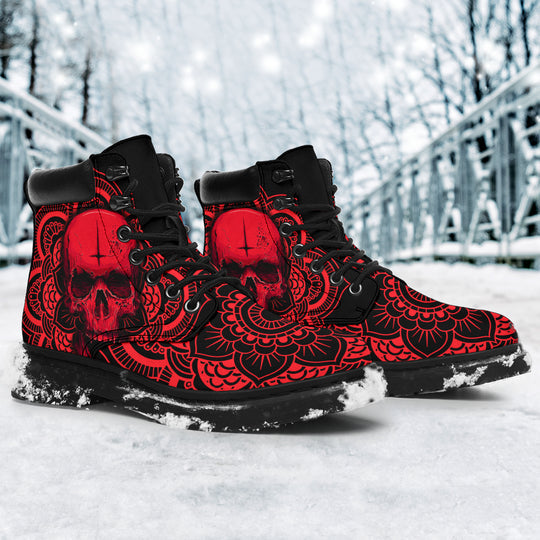 Red Skull Leather Boots Inverted Cross Skull 