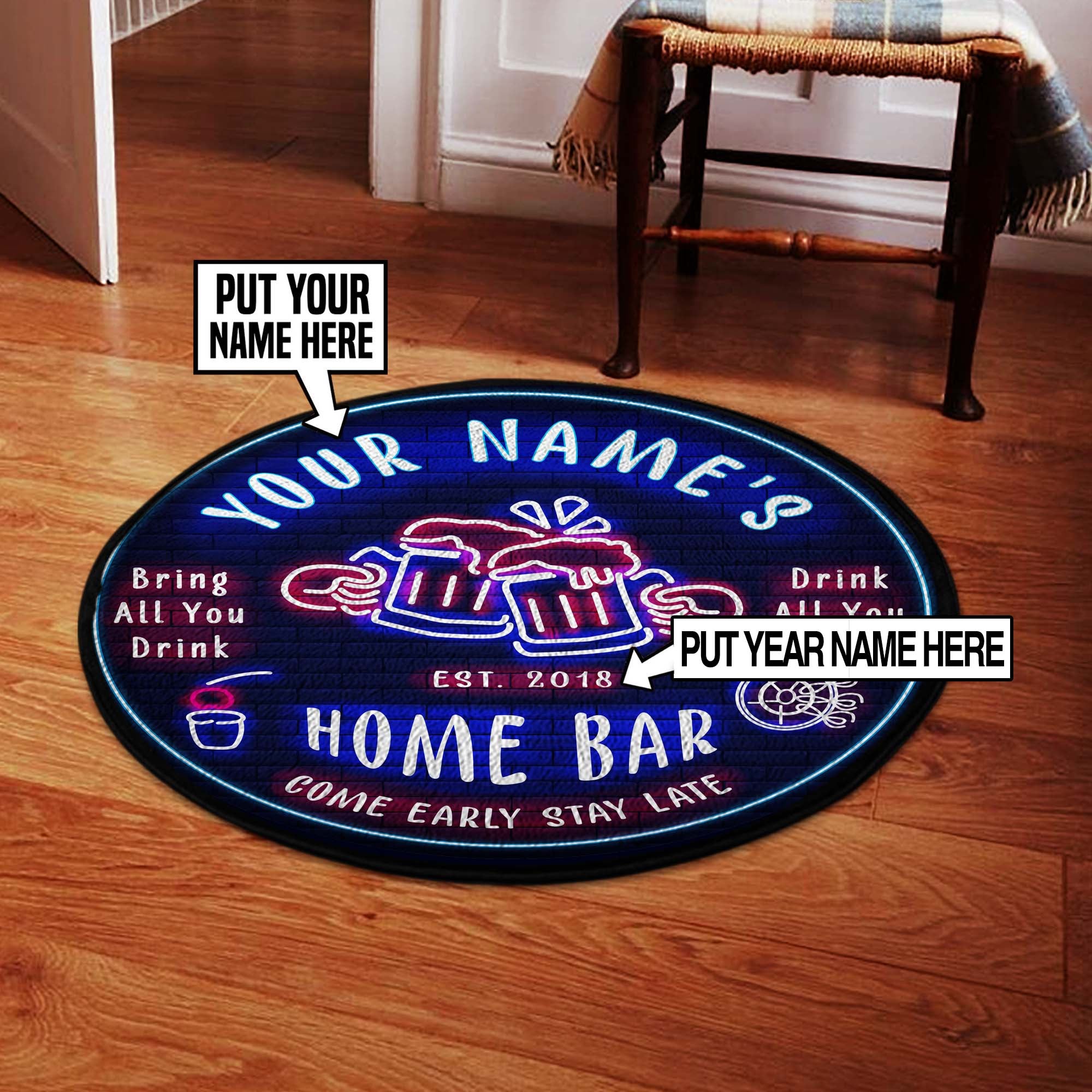 Personalized Home Bar Neon Round Mat 06619
