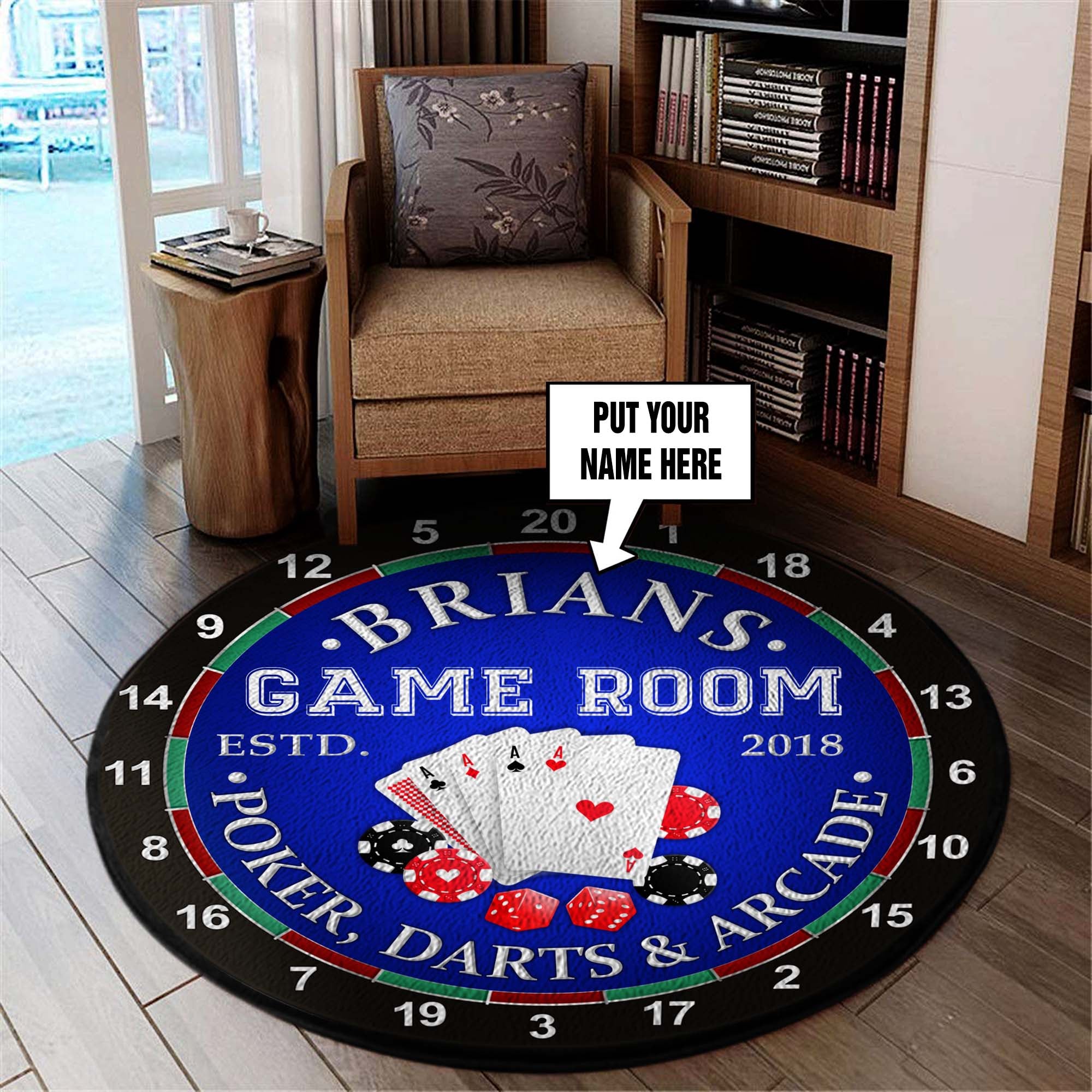 Game Room Sign Personalized Dart Board Sign Poker Sign Round Mat 06782
