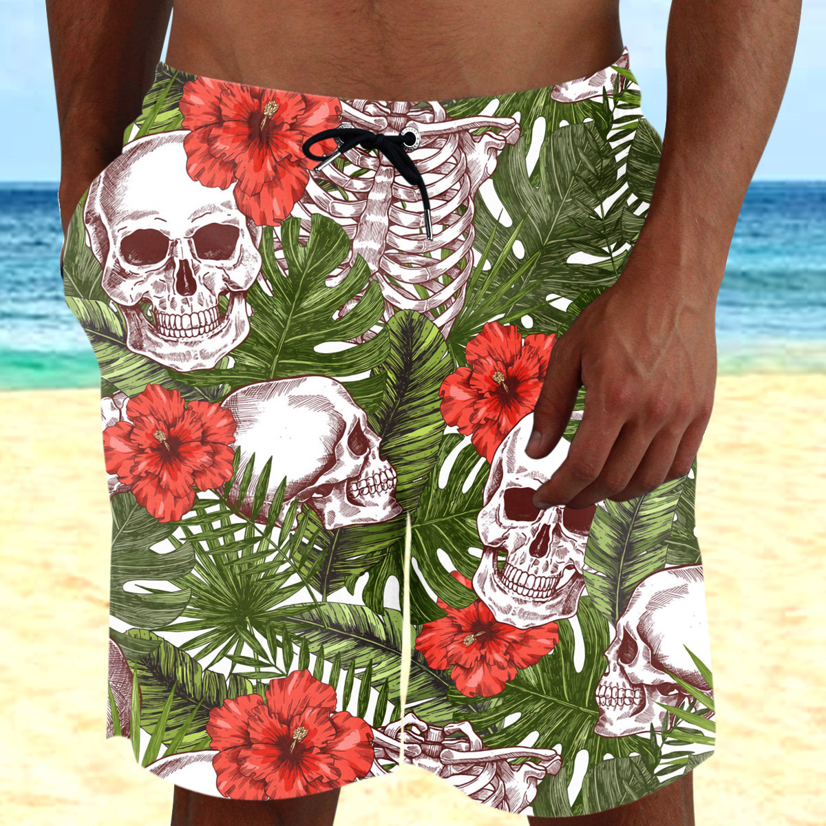 Skull Tropical Pattern Combo Beach Shorts and Hawaii Shirt 08991