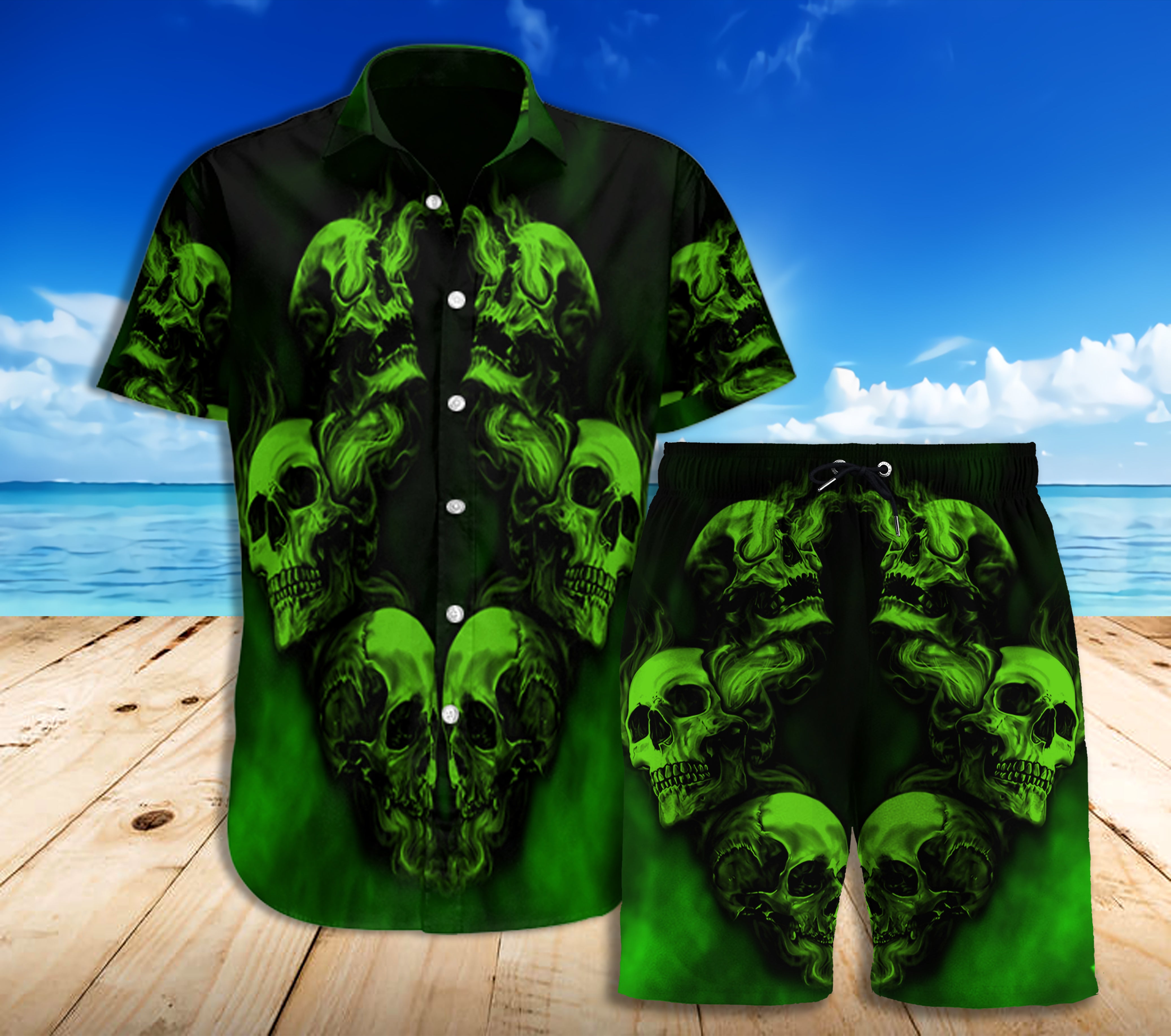 Green Skull Combo Beach Shorts and Hawaii Shirt 09605