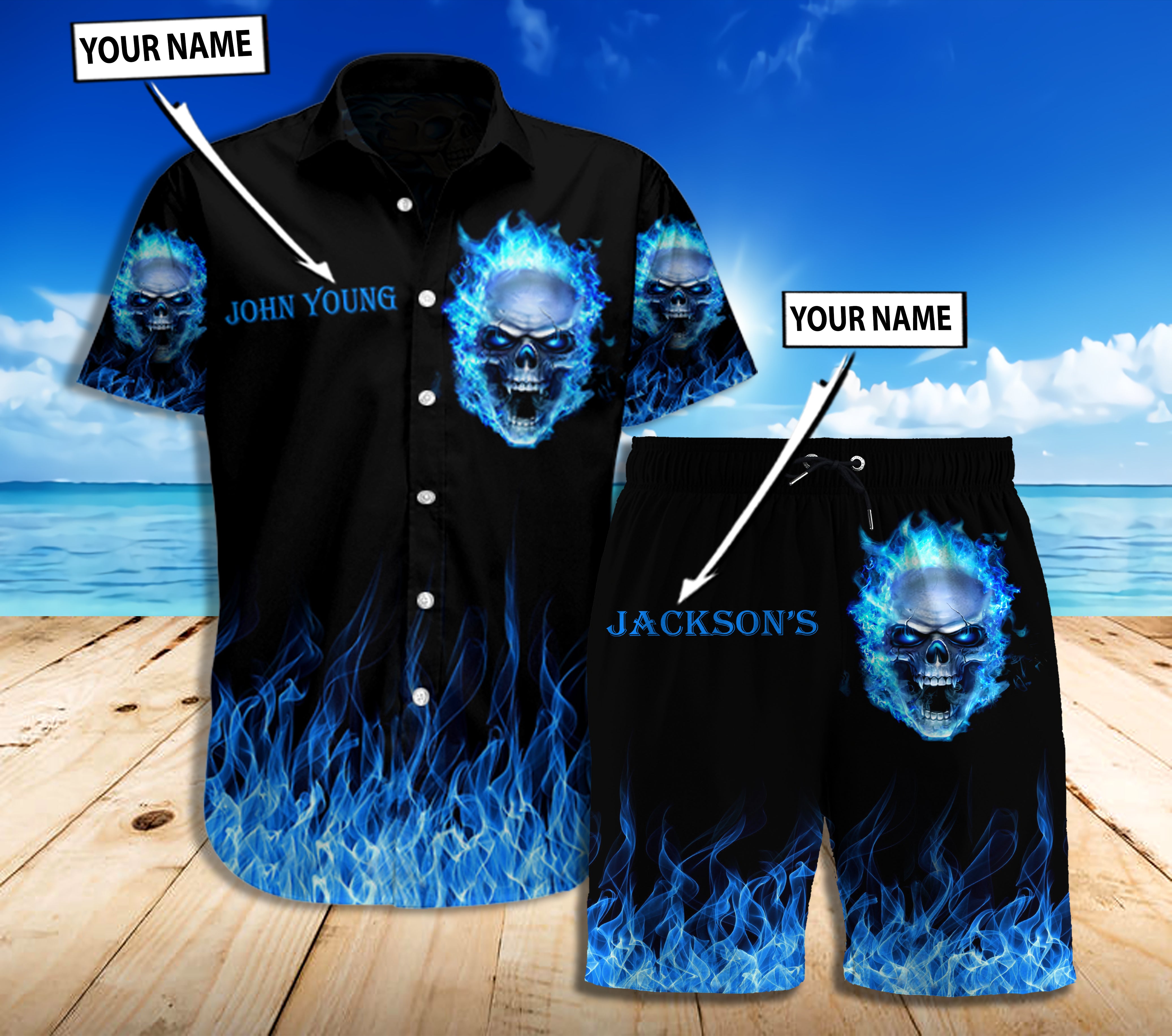 Blue Skull Combo Beach Shorts and Hawaii Shirts 09654