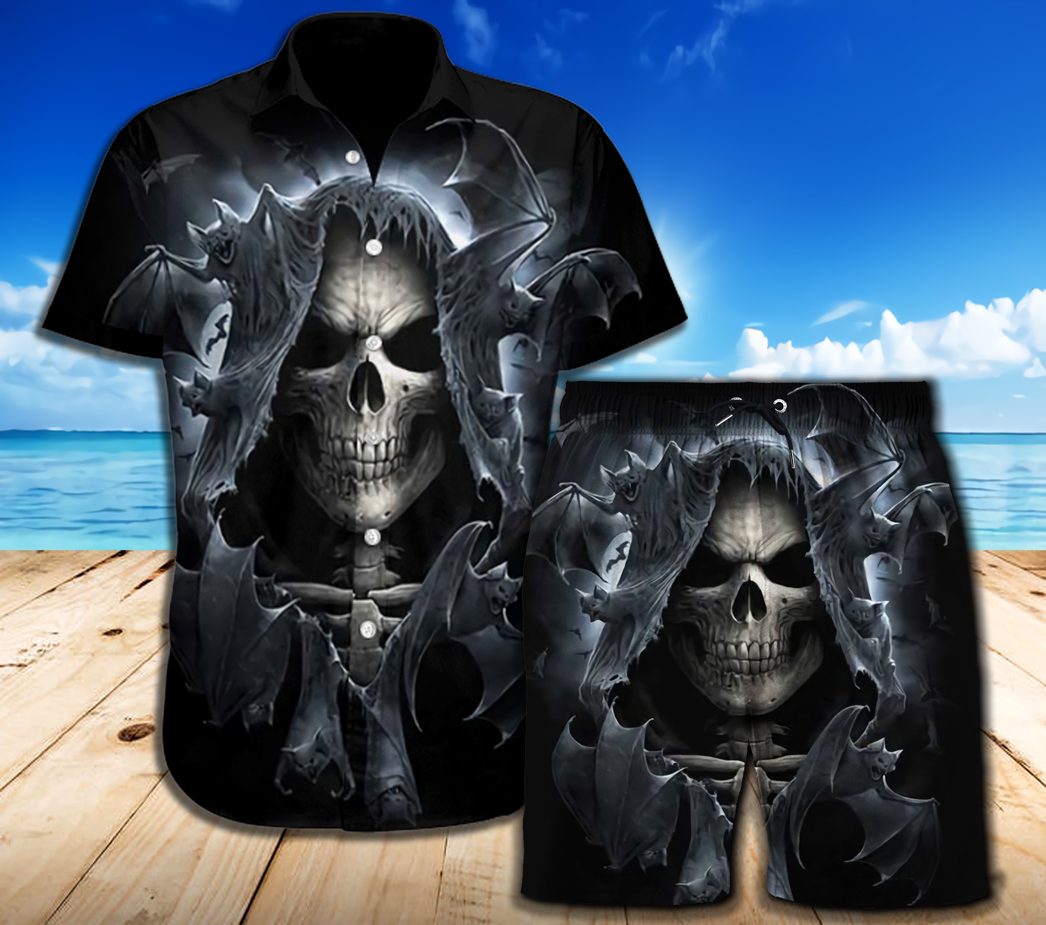 Skull 3D Combo Beach Shorts and Hawaii shirt 09860