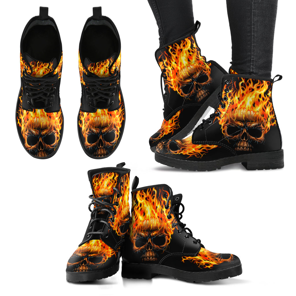 Skull Leather Boots - Fire Skull 0559