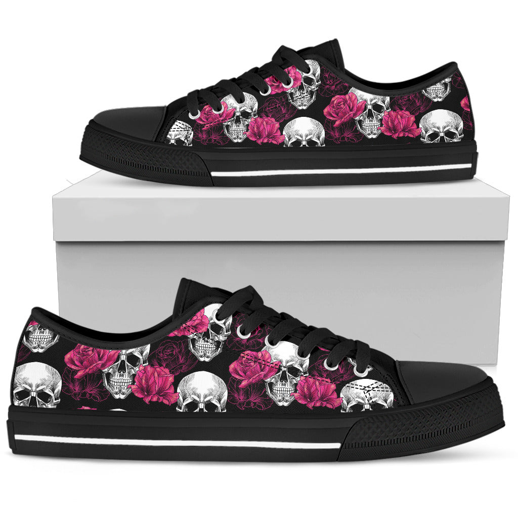 Women's Low Top Shoes_White Skull and Flower