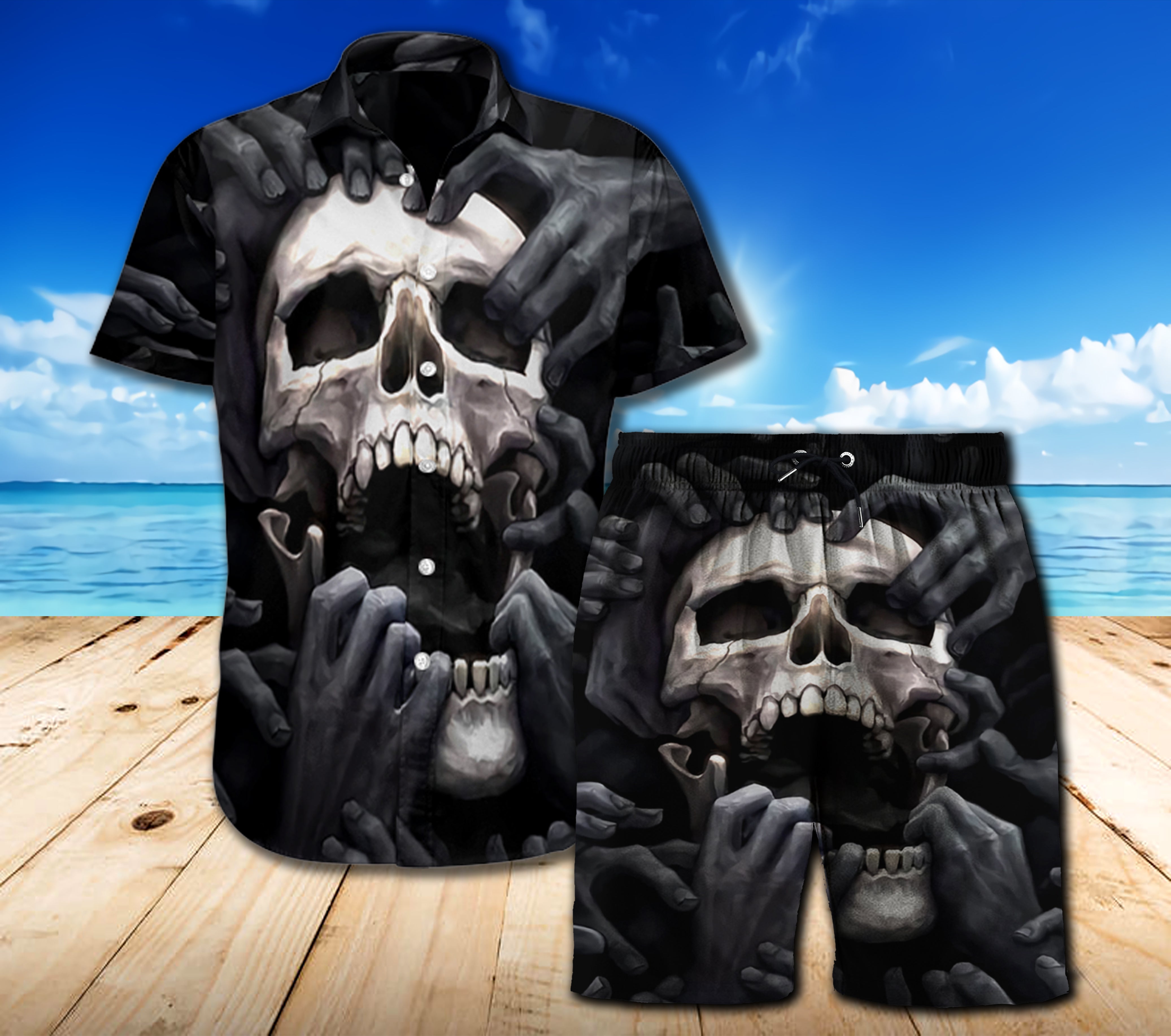 Skull 3D Combo Beach Shorts and Hawaii Shirt 08814