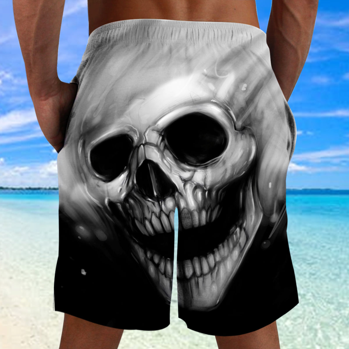Dark and White Skull Combo Beach Shorts and Hawaii Shirt 08936
