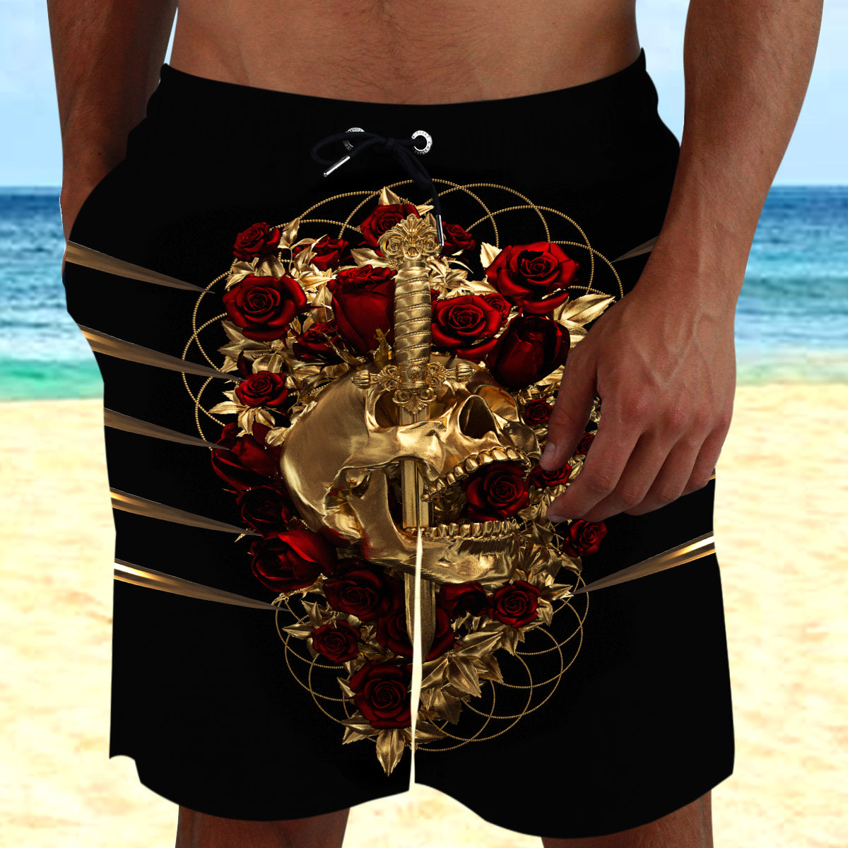 Golden Skull with Red Roses Shorts 08512
