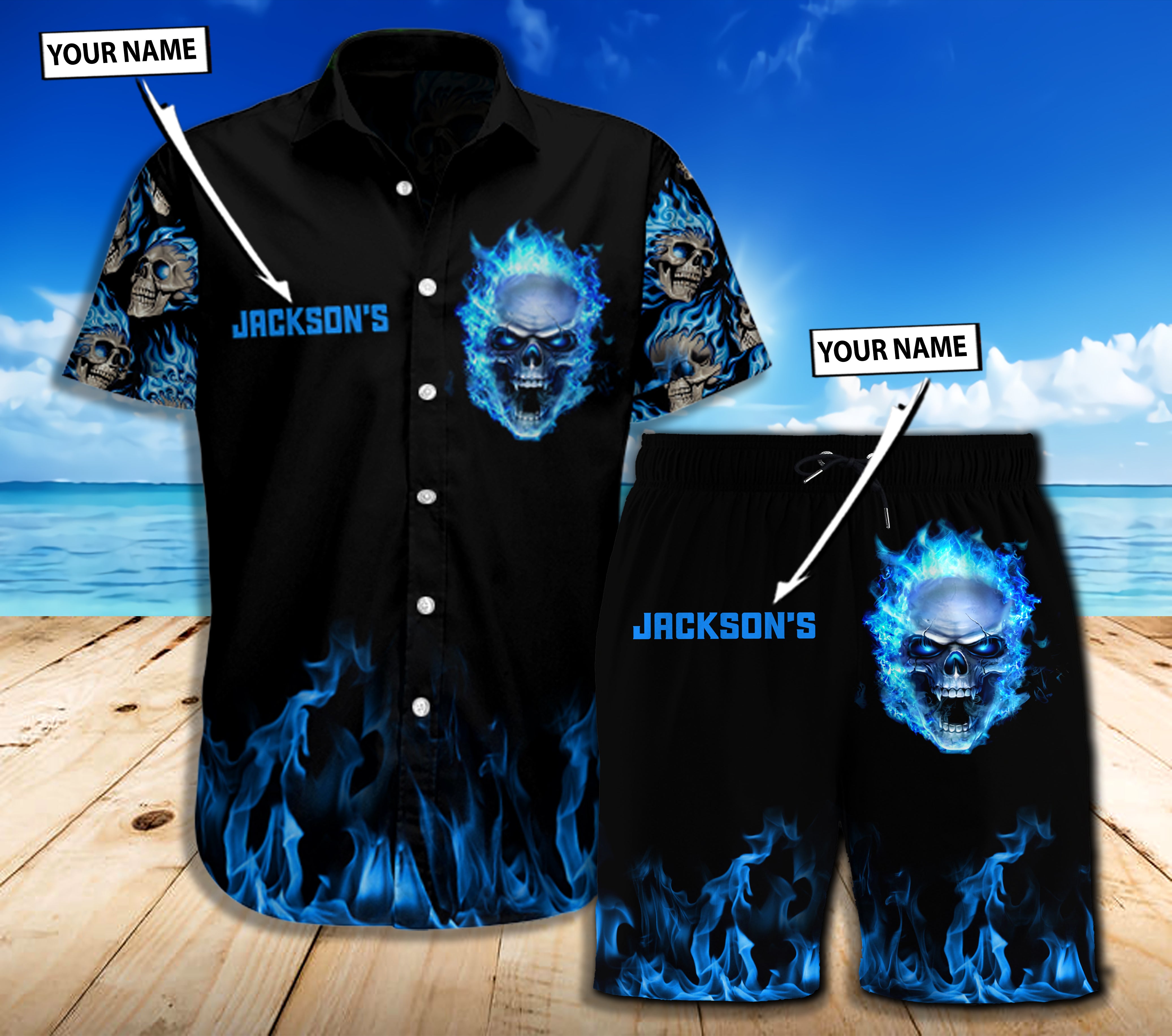 Blue Skull Combo Beach Shorts and Hawaii shirt 09843