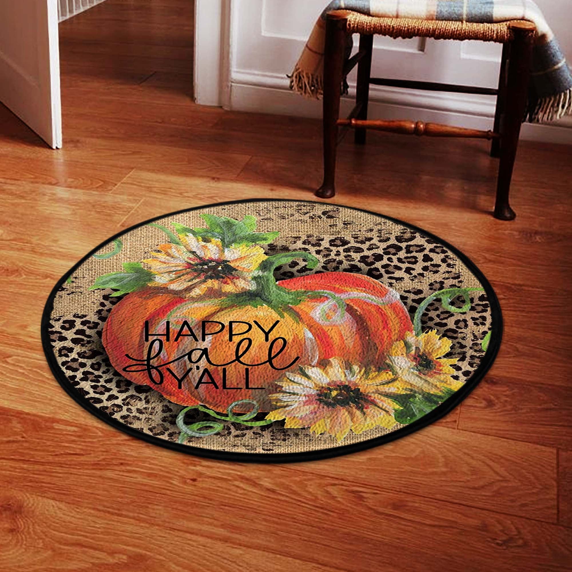 Happy Fall Y'all Sunflower Leopard Pumpkin Round Mat 07045