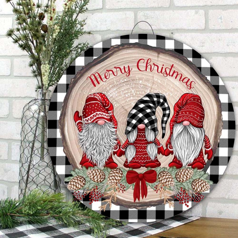Gnome Merry Christmas Black And White Rustic Round Wooden 07280