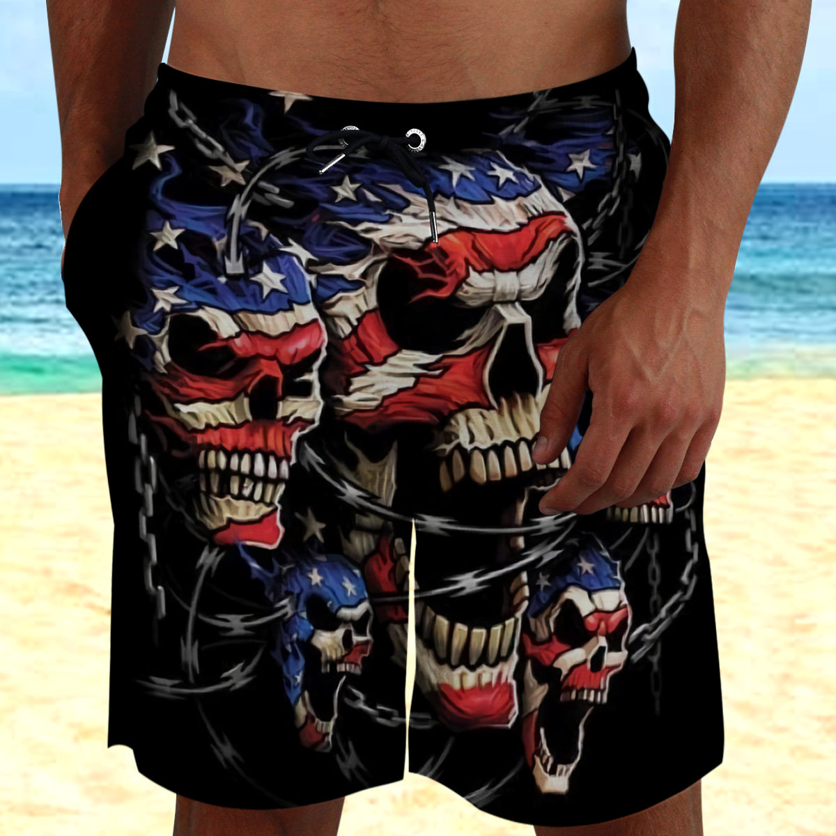 Skull With American Flag Shorts 09100