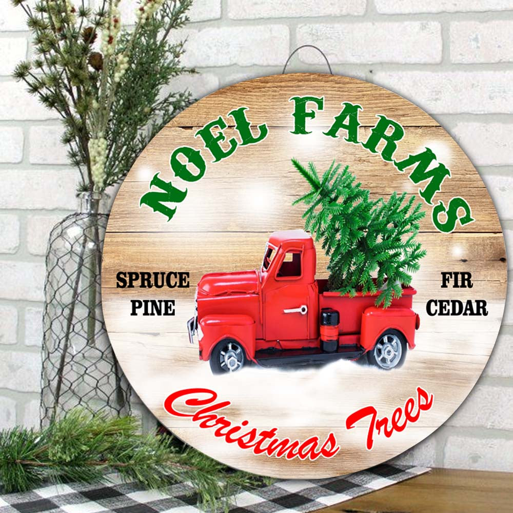Red Truck Farm Christmas Tree Round Wooden 07292