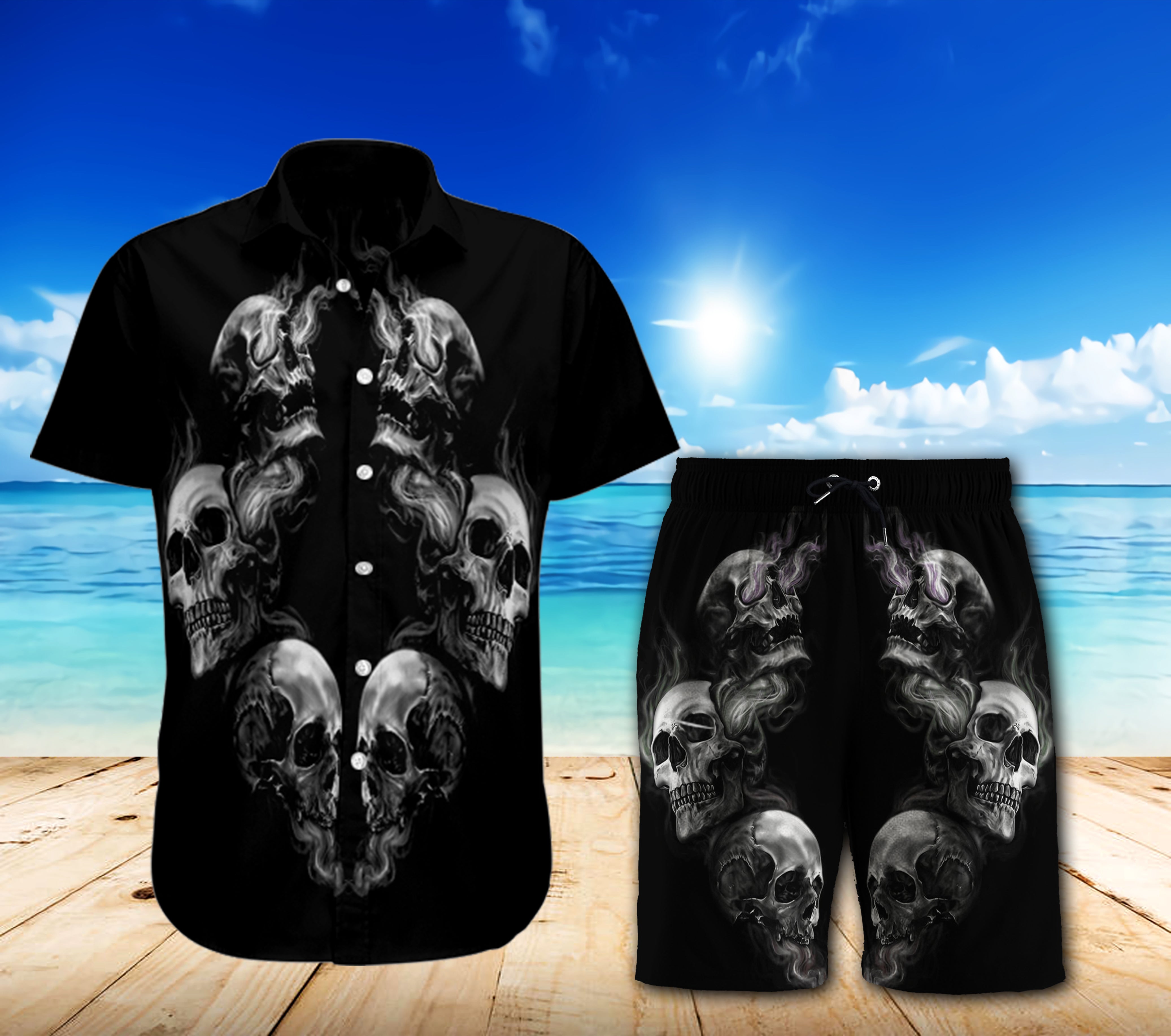 Skull Combo Beach Shorts and Hawaii Shirts 09385