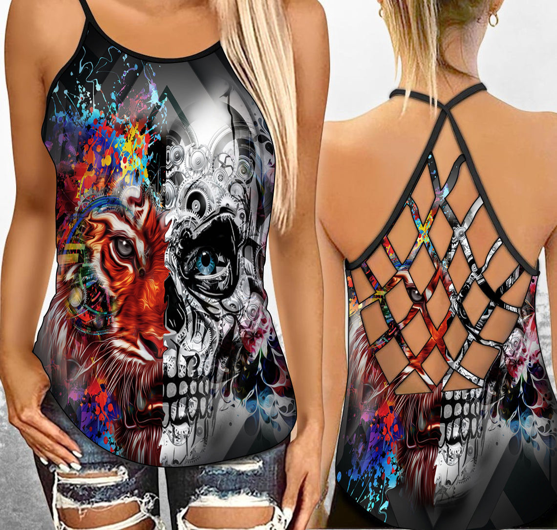 Skull With Tigers Combo Tank Top and Women Shorts 08861