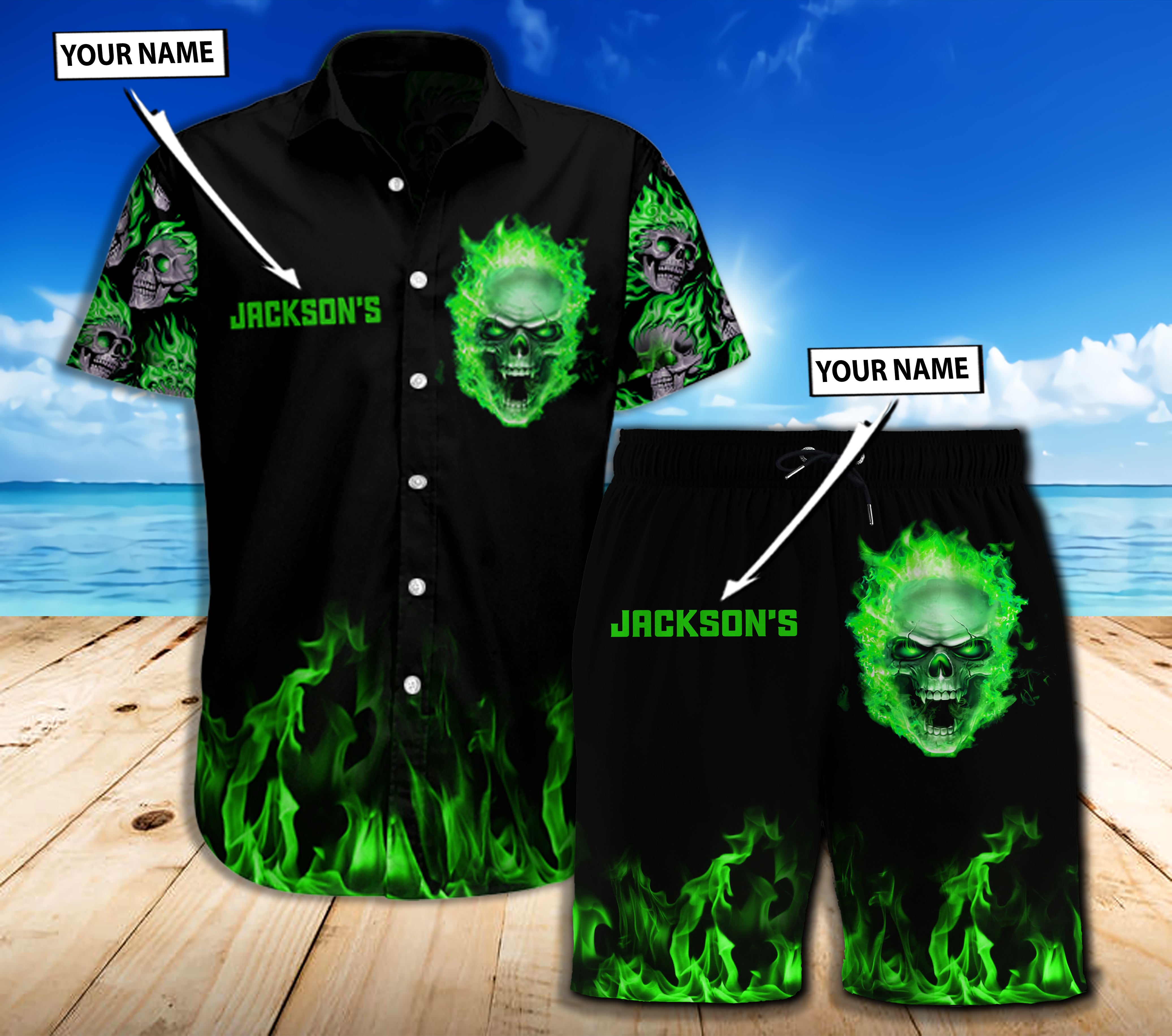 Skull 3D Combo Beach Shorts and Hawaii shirt 09838