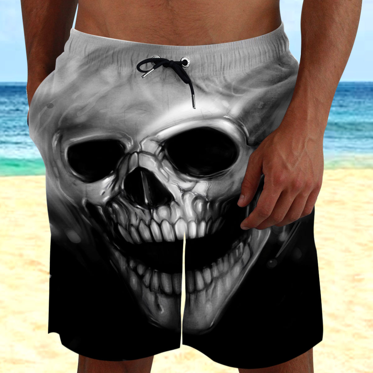 Dark and White Skull Combo Beach Shorts and Hawaii Shirt 08936