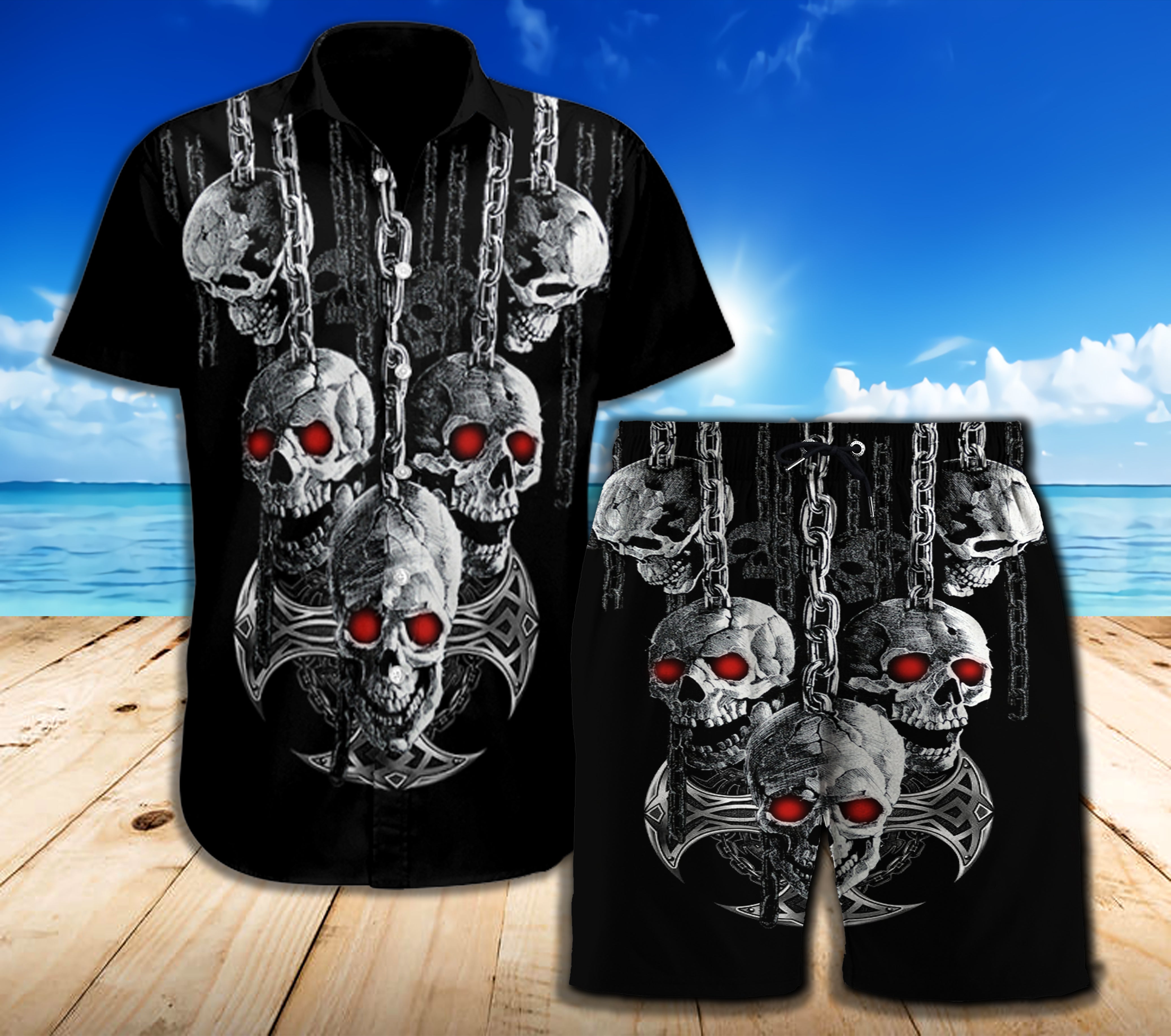 Skull Combo beach Shorts and Hawaii Shirt 09772