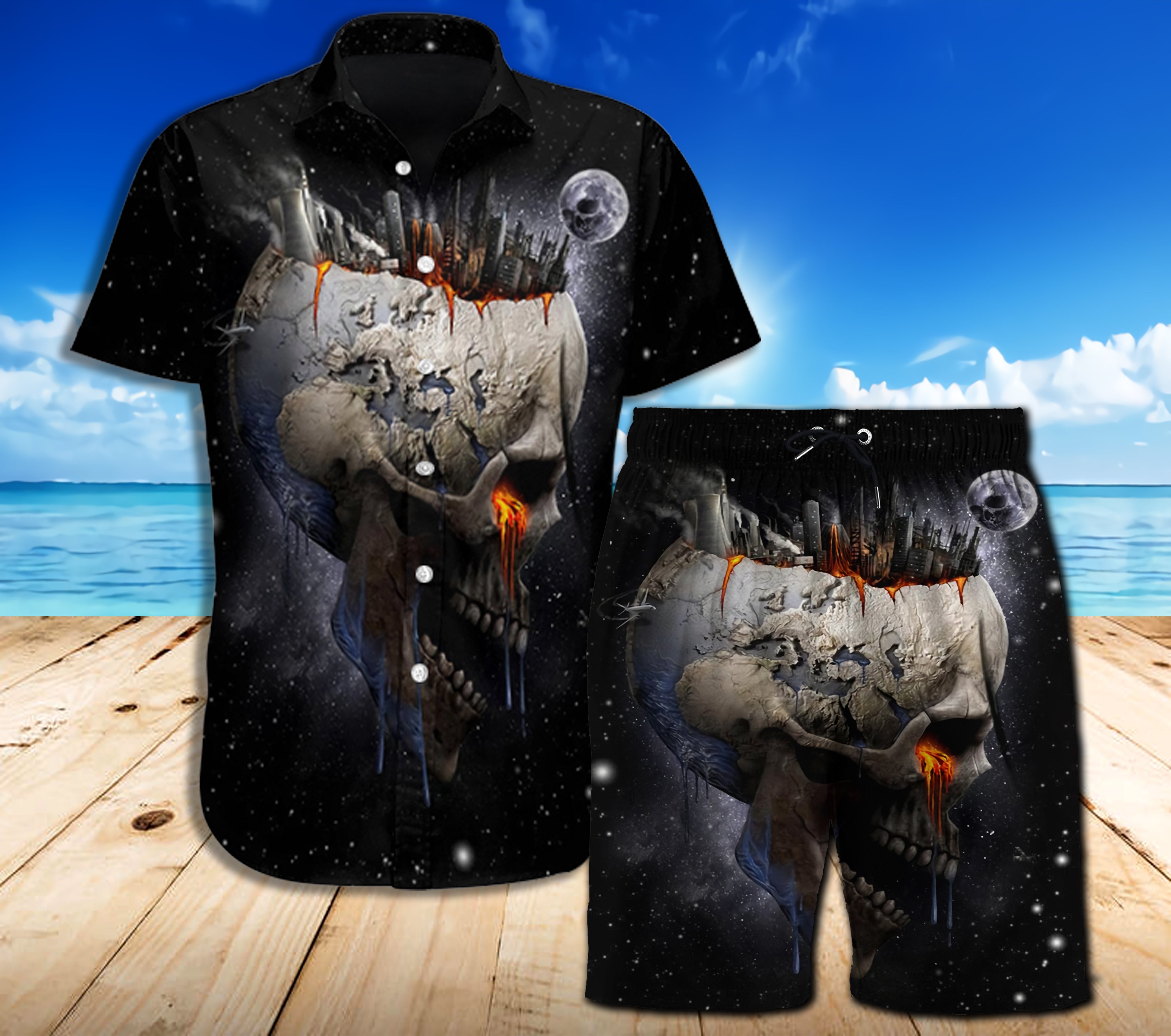Tattoo Skull 3D Combo Beach Shorts and Hawaii shirt 09846