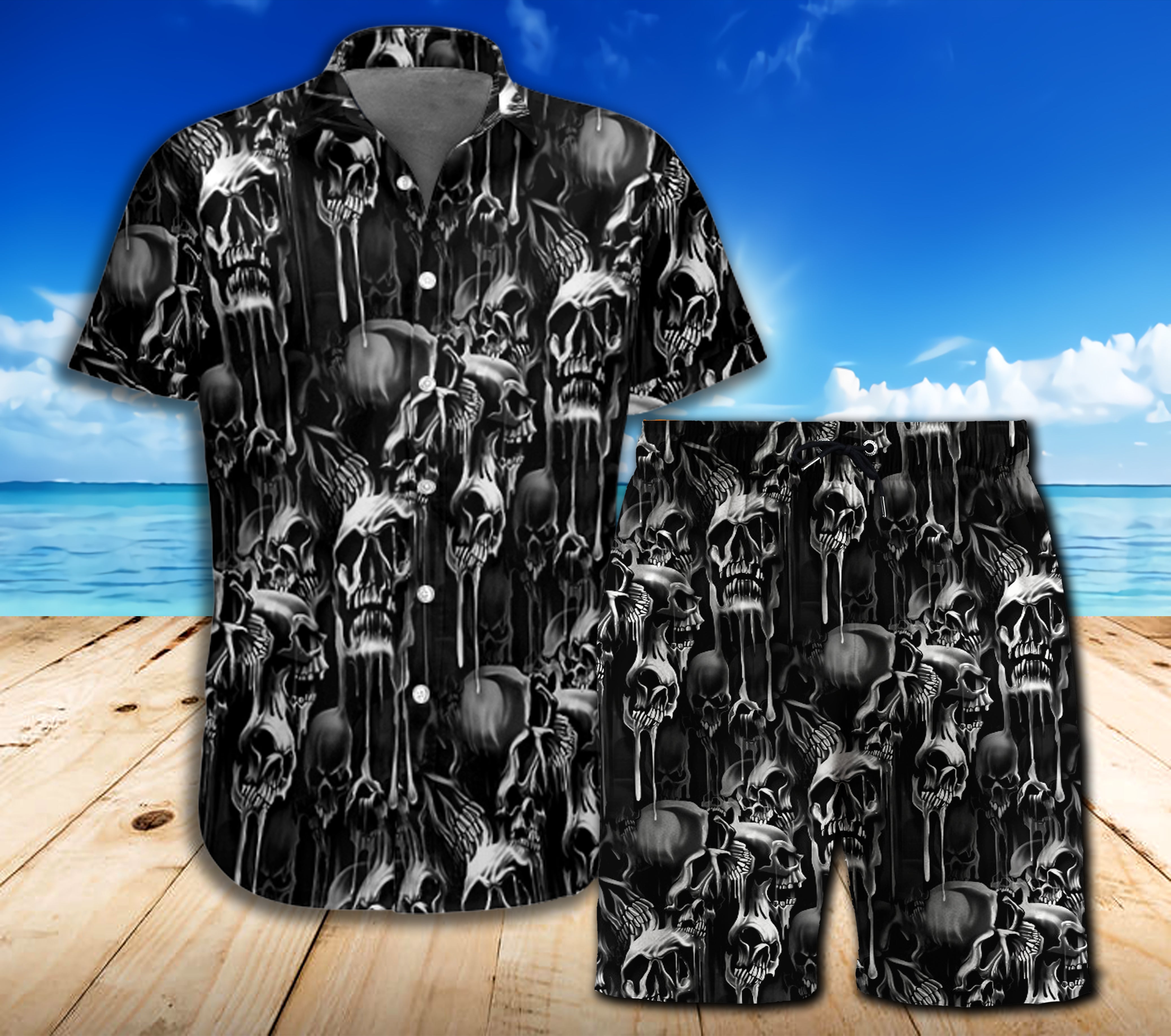 Melting Skull Combo Beach Shorts and Hawaii Shirt 09951