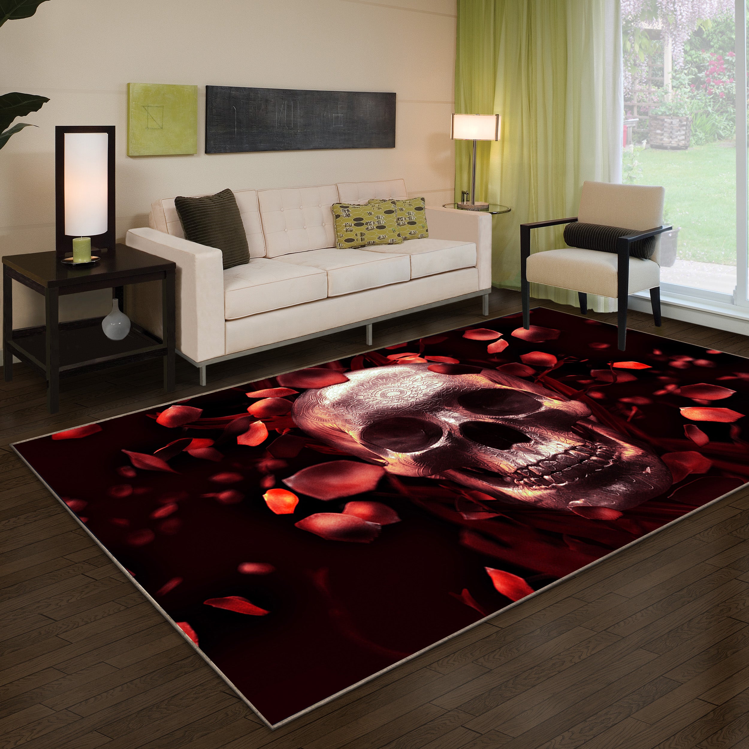 Skull Gothic Rose Flower Area Rug Carpet 04928