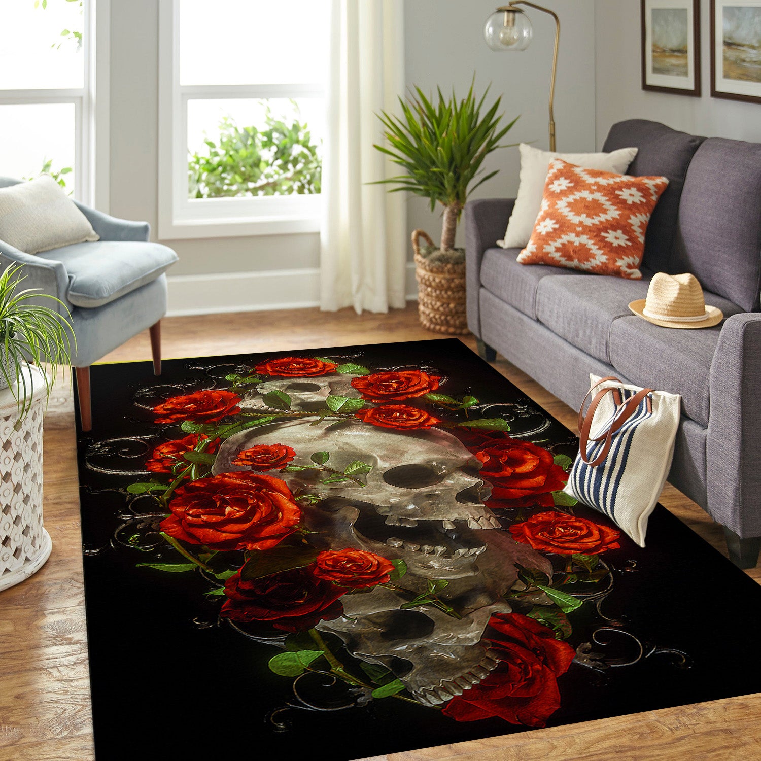 Skull Gothic Rose Flower Area Rug Carpet 04927
