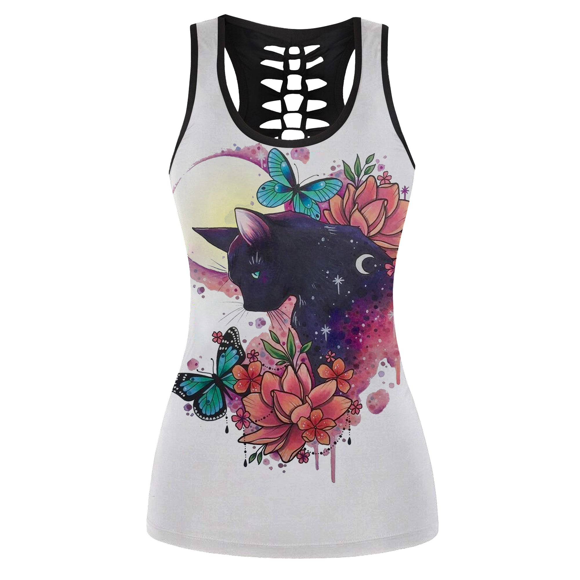 Black Cat with Flower Hollow Tank Top 06114