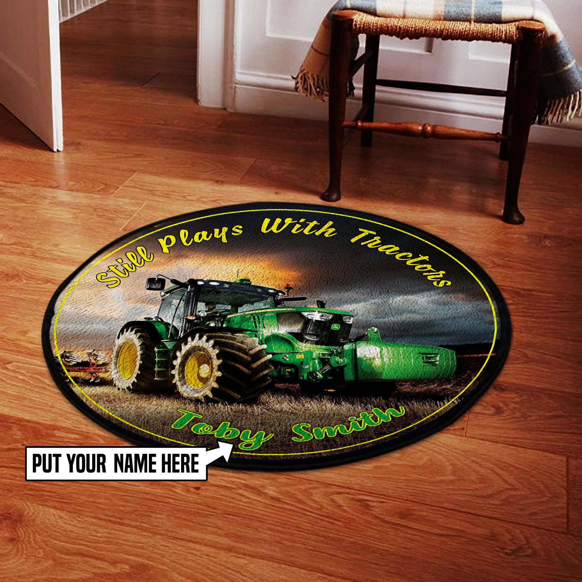 Personalized Still Plays with Tractors Round Mat 06439