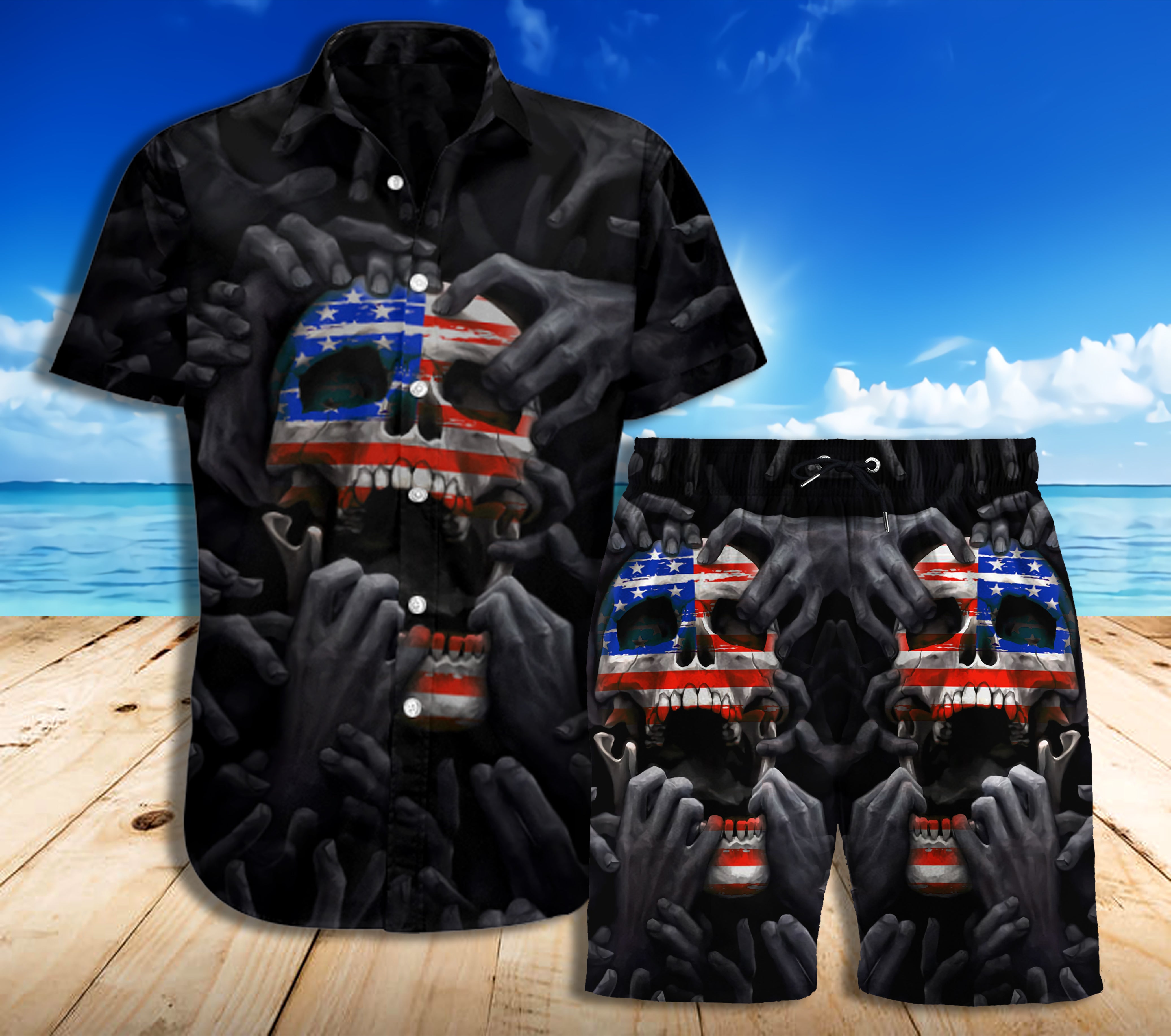 Skull American Flag Combo beach Shorts and Hawaii Shirt 09783