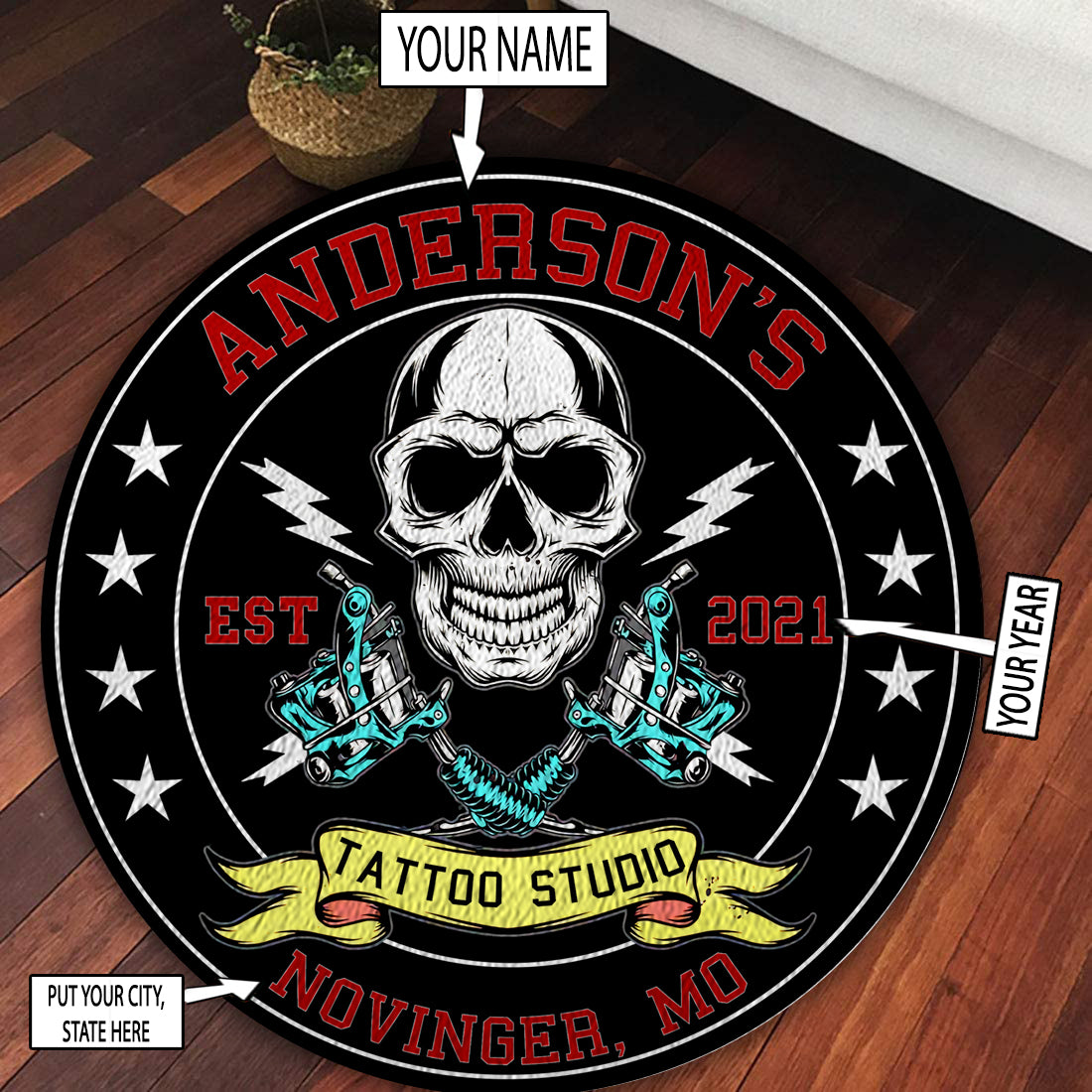 Personalized  Skull and Tattoo Machine Studio Round Mat 07918