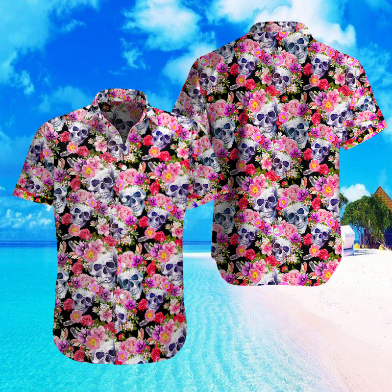 Skull Pattern With Flower Combo Beach Shorts and Hawaii Shirt 08985