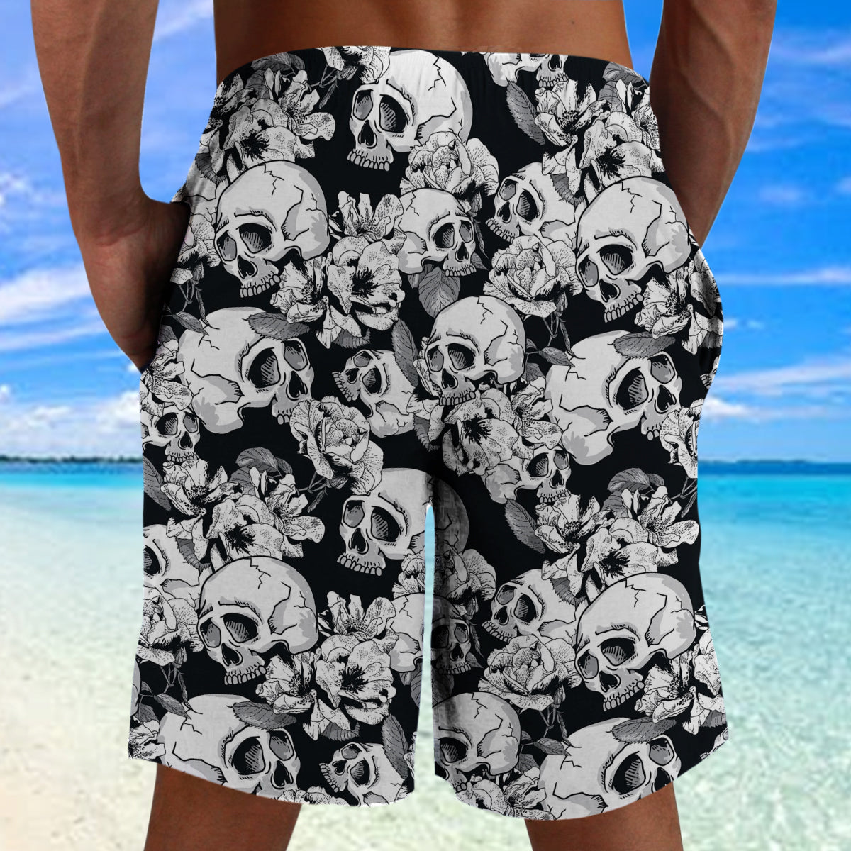 Skull with Flowers Beach Shorts 08703