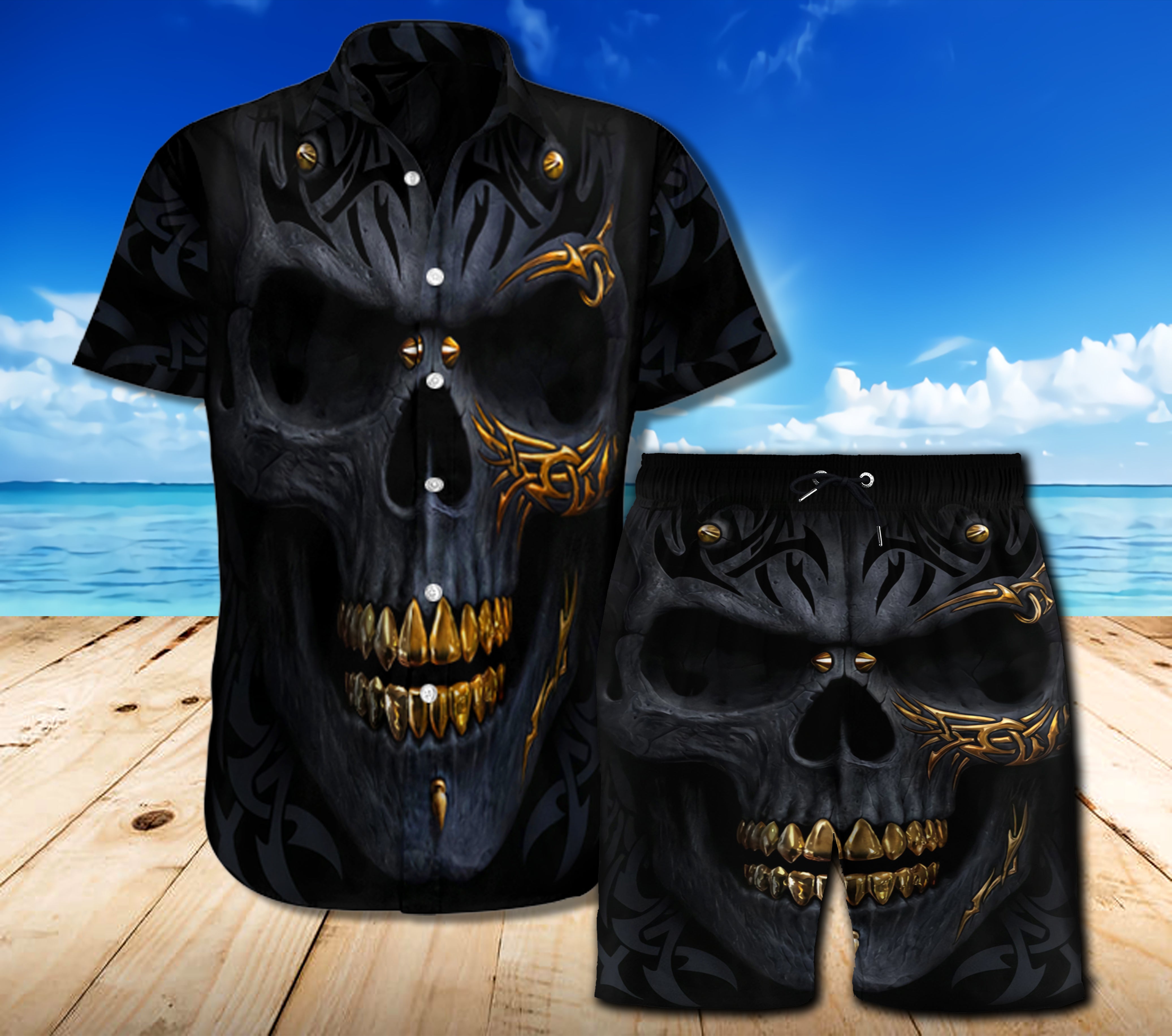 Skull Combo Beach Shorts and Hawaii Shirt 09089
