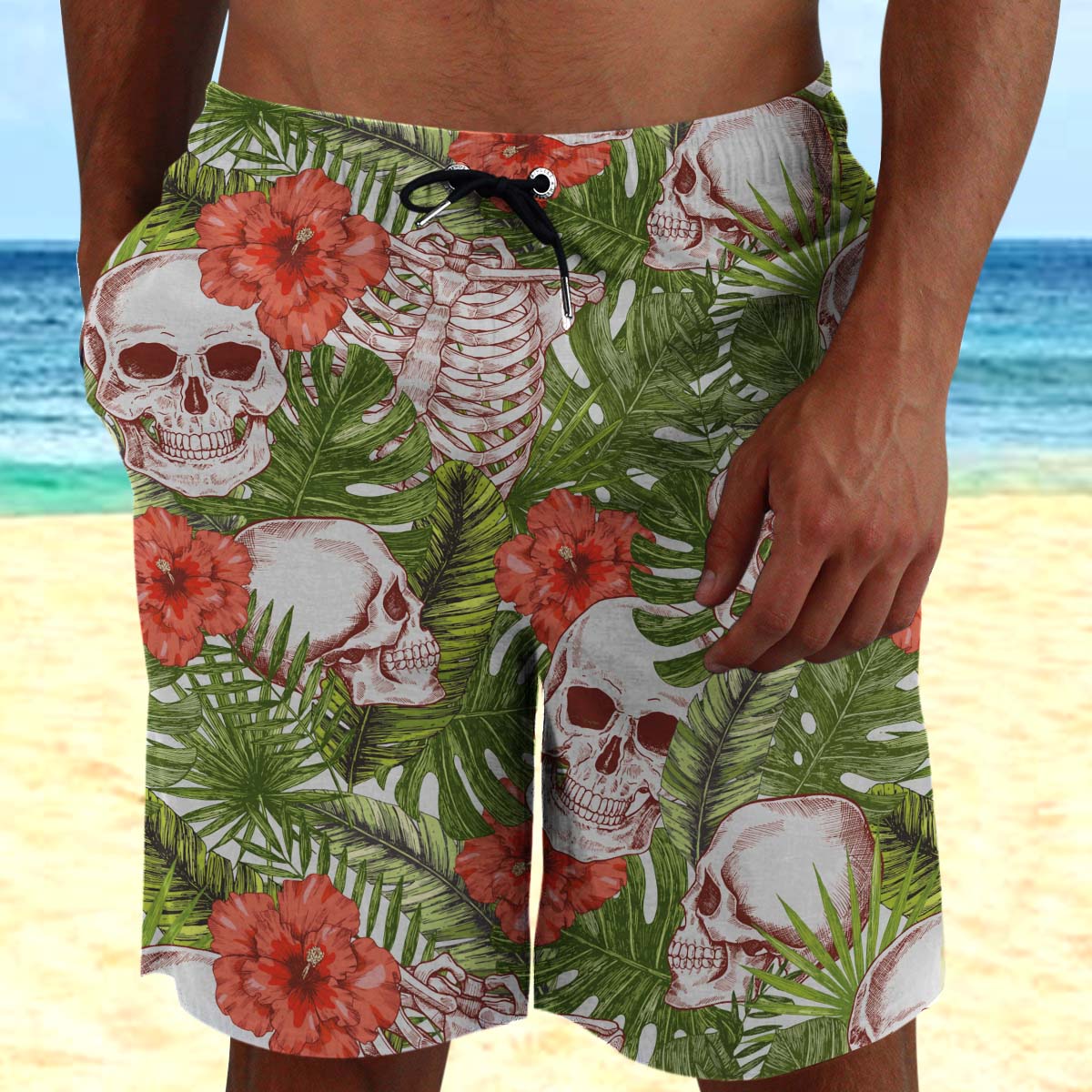 Skull Tropical Pattern Beach Shorts 06614