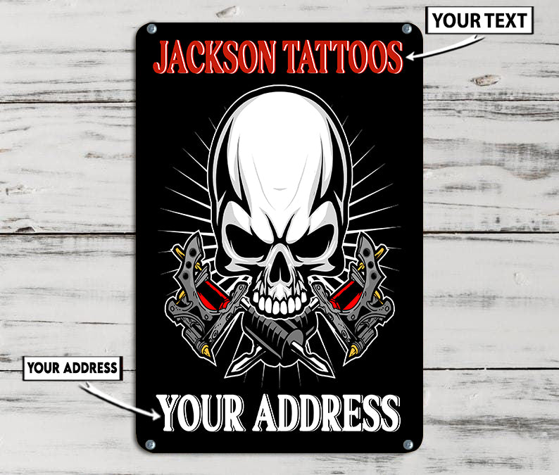 Personalized Skull With Tattoo Machine Metal Signs 08480