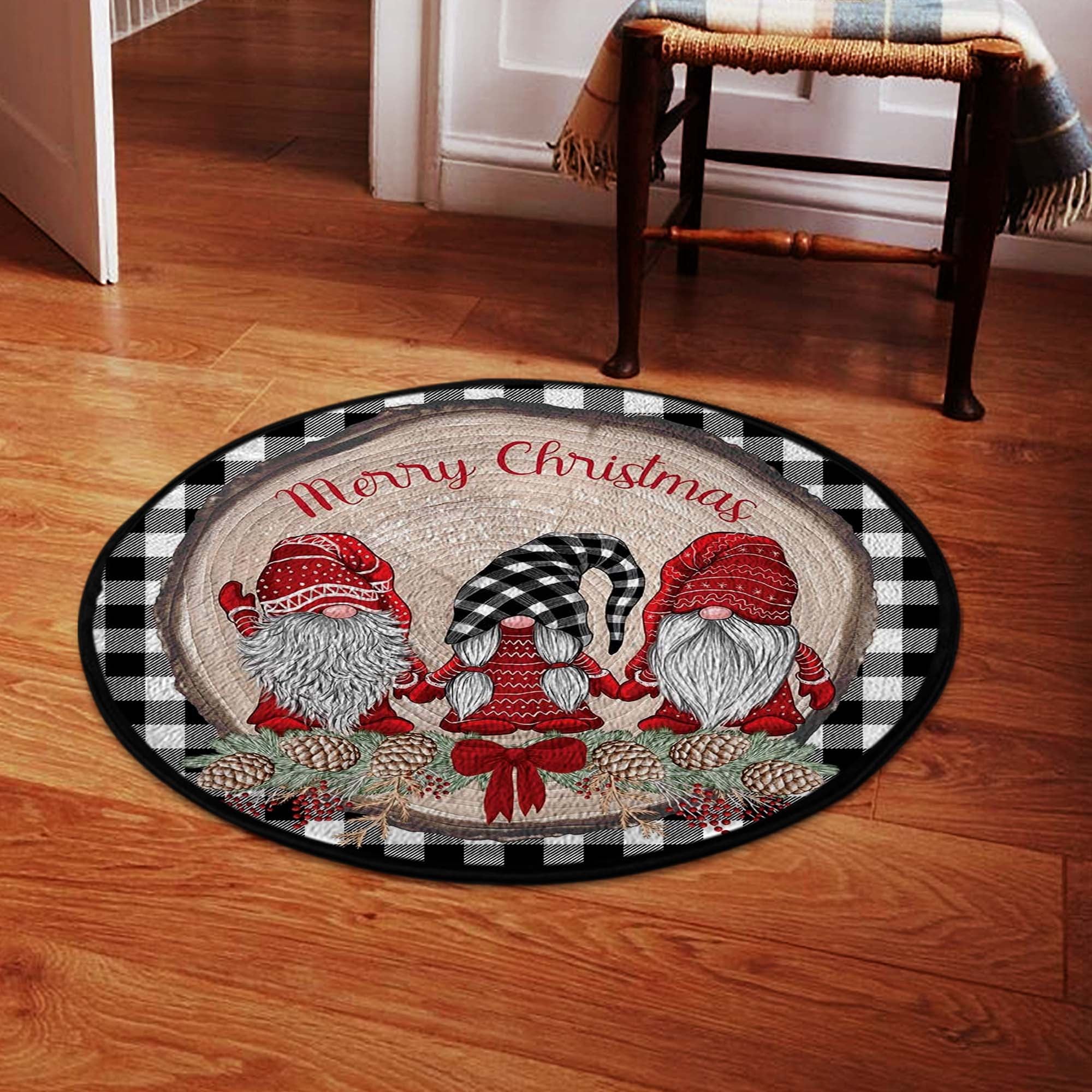 Gnome Merry Christmas Black And White Rustic Round Mat 07042
