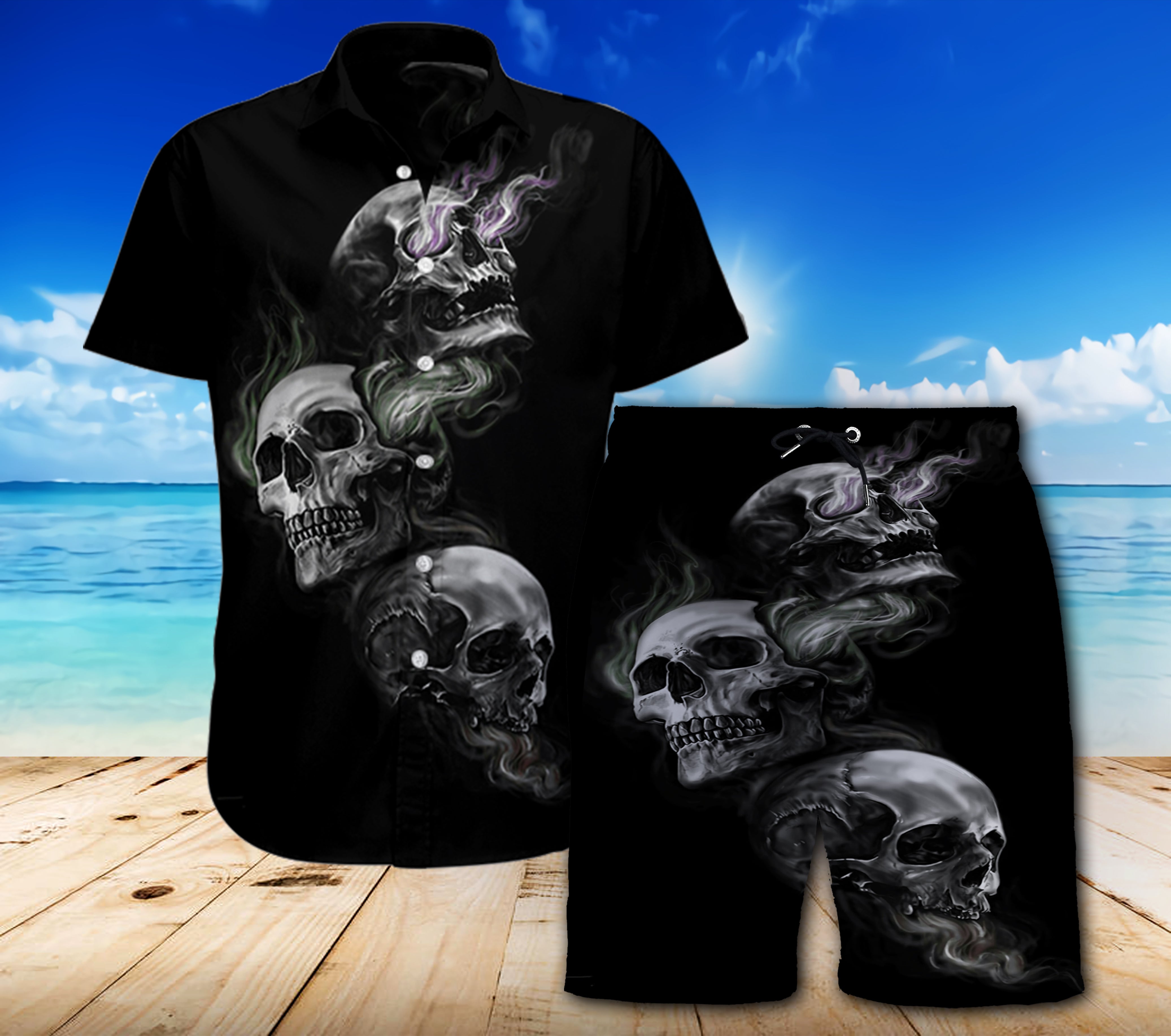 Skull See no evil Hawaii Shirt and Beach Shorts 09322