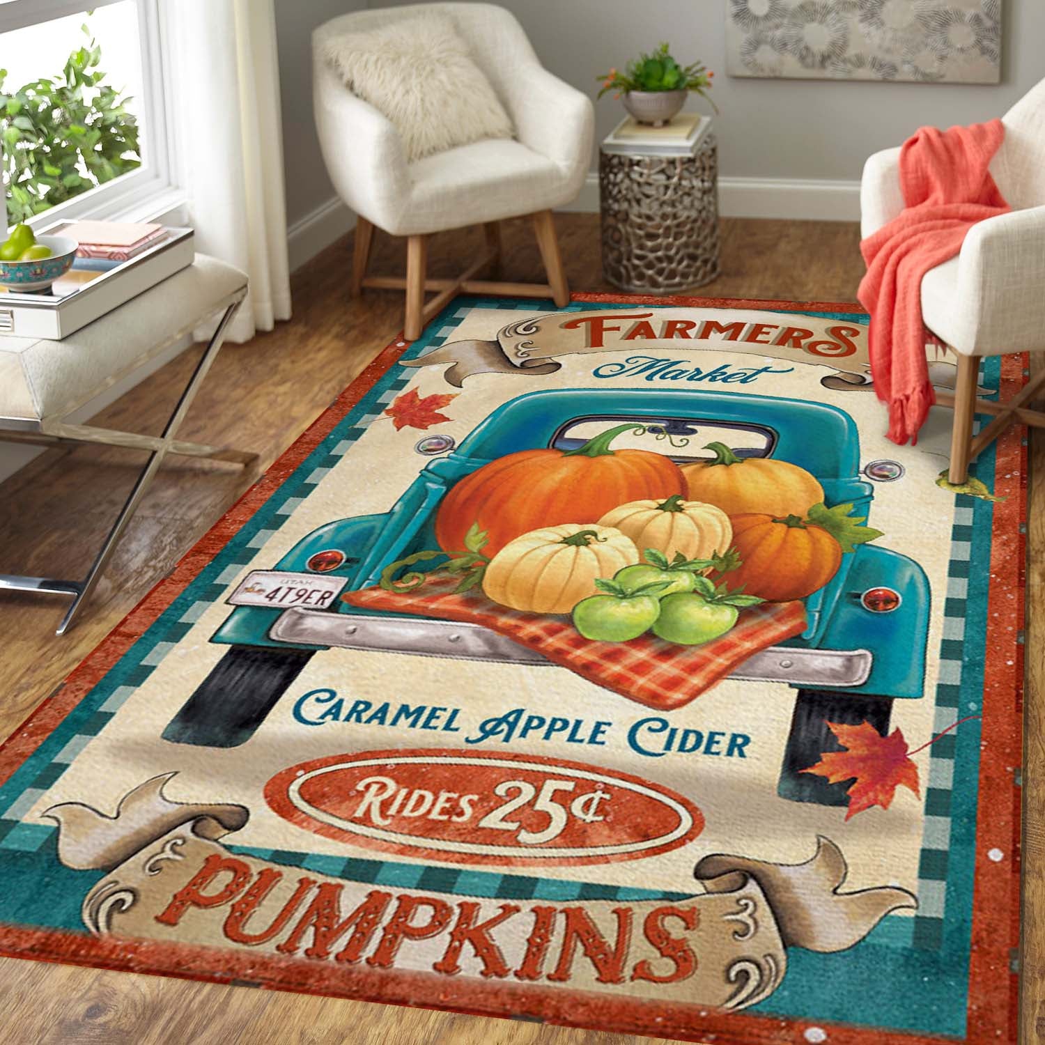 Teal Truck With Pumpkins Fall Area Rug 07044