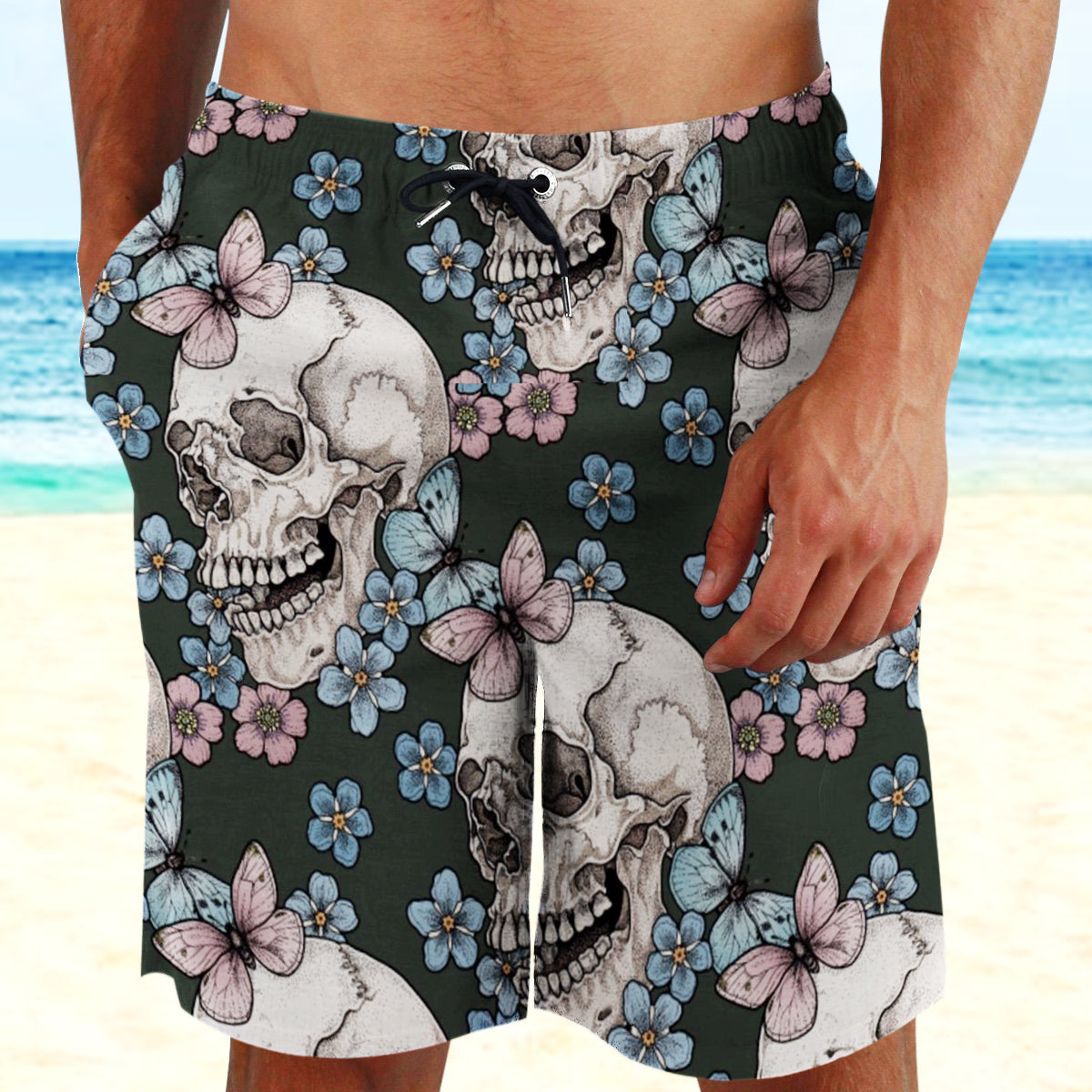 Skull Flower, Gothic Beach Shorts 06016