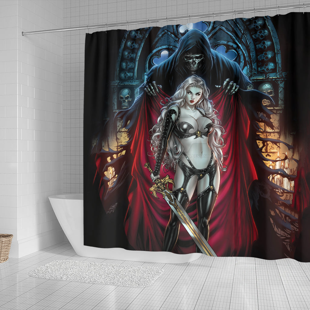 Skull Shower Curtain Gothic Home Decor Grim Reaper Girl - 0681-3