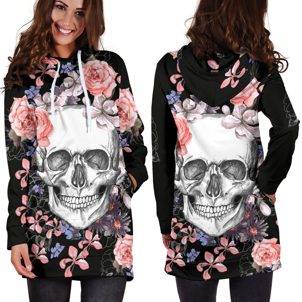 Skull Women's Hoodie Dress_White Skull and Flower