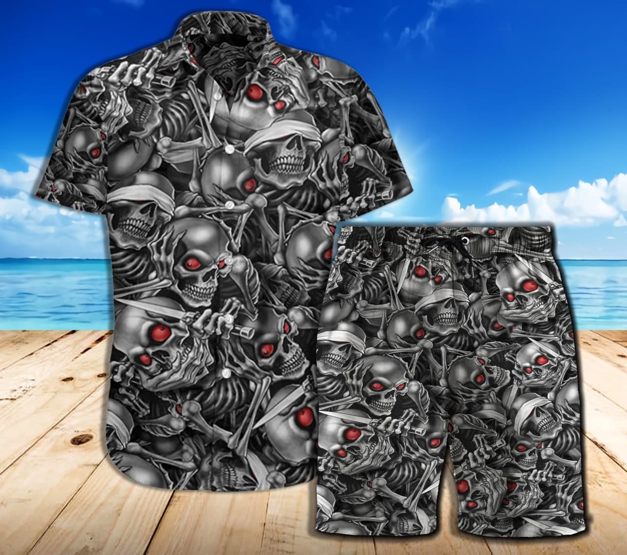 Skull Combo Beach Shorts and Hawaii Shirt 09885
