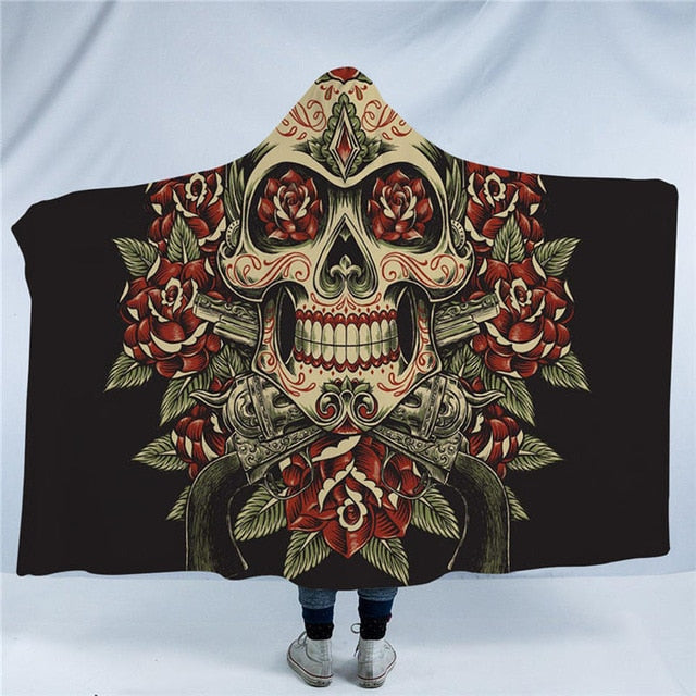 Skull Hooded Blanket - Skull and Gun