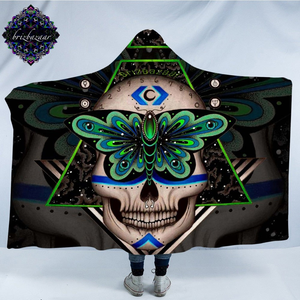 Prophecies by Brizbazaar Hooded Blanket Gothic Skull Sherpa Wearable Blanket Green Butterfly Throws Geometric Abstract Bedding
